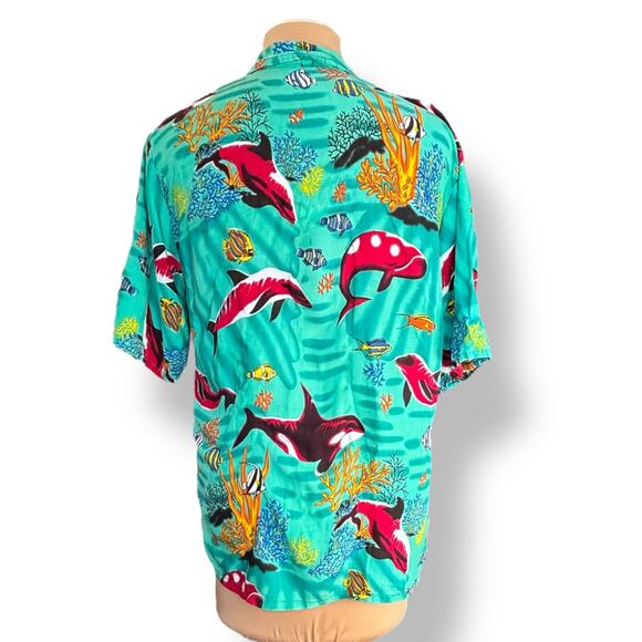 Vintage 90s Orca Print Rayon Hawaiian Printed Shirt Teal Ocean Fish Coral Medium - Picture 3 of 10